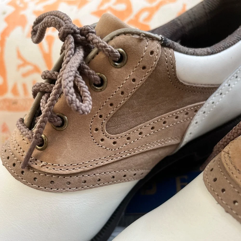NWB FootJoy SoftJoys Terrains White and Tan Golf Shoes. Women's Size: 6.